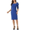 thumbnail image 2 of INSPIRE CHIC Bodycon Bow Ruffle Dress for Women's Business Casual Square Neck 3/4 Sleeve Pencil Dress L Blue, 2 of 5