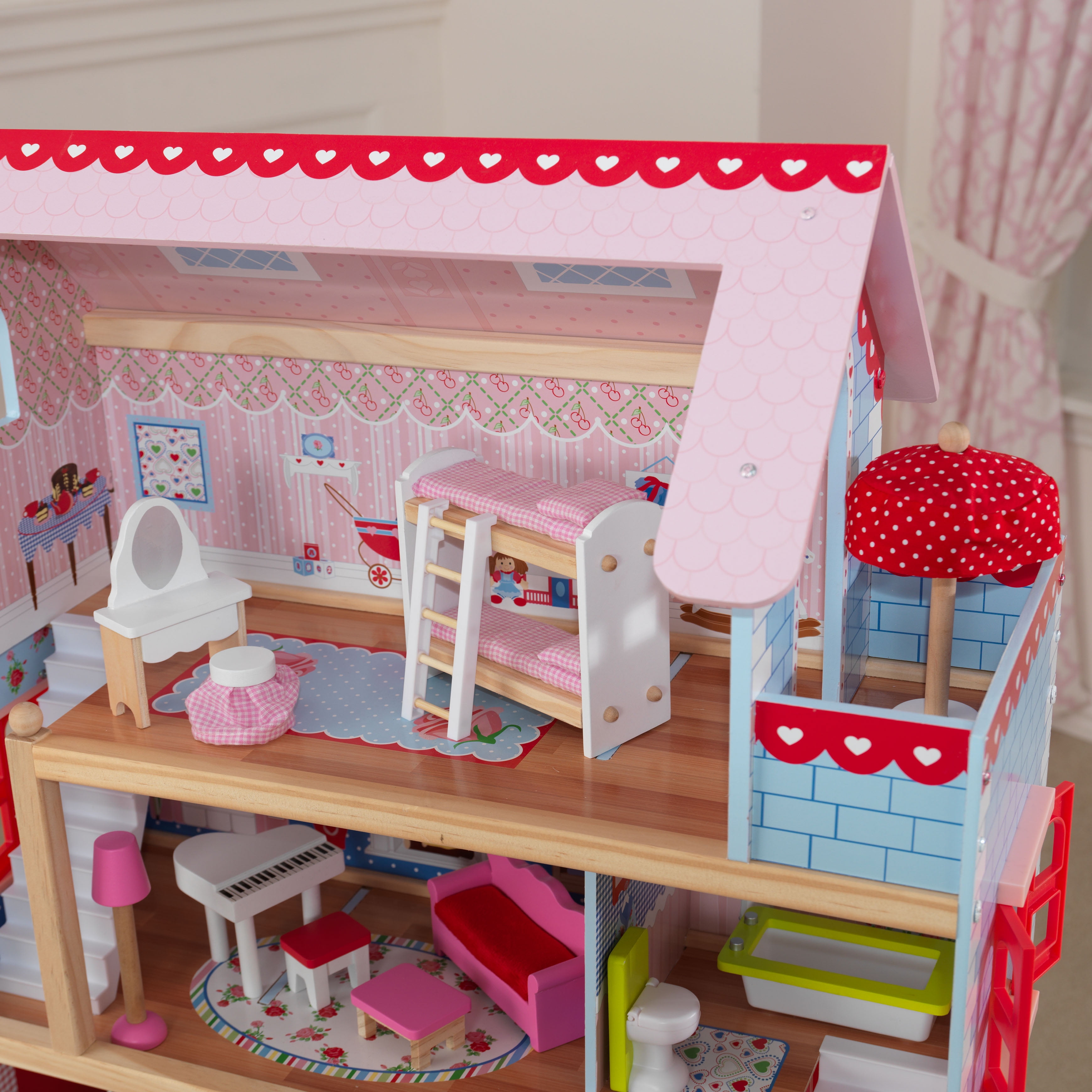 Wooden Doll Cottage with Furniture Girls Pretend Play Dollhouse By