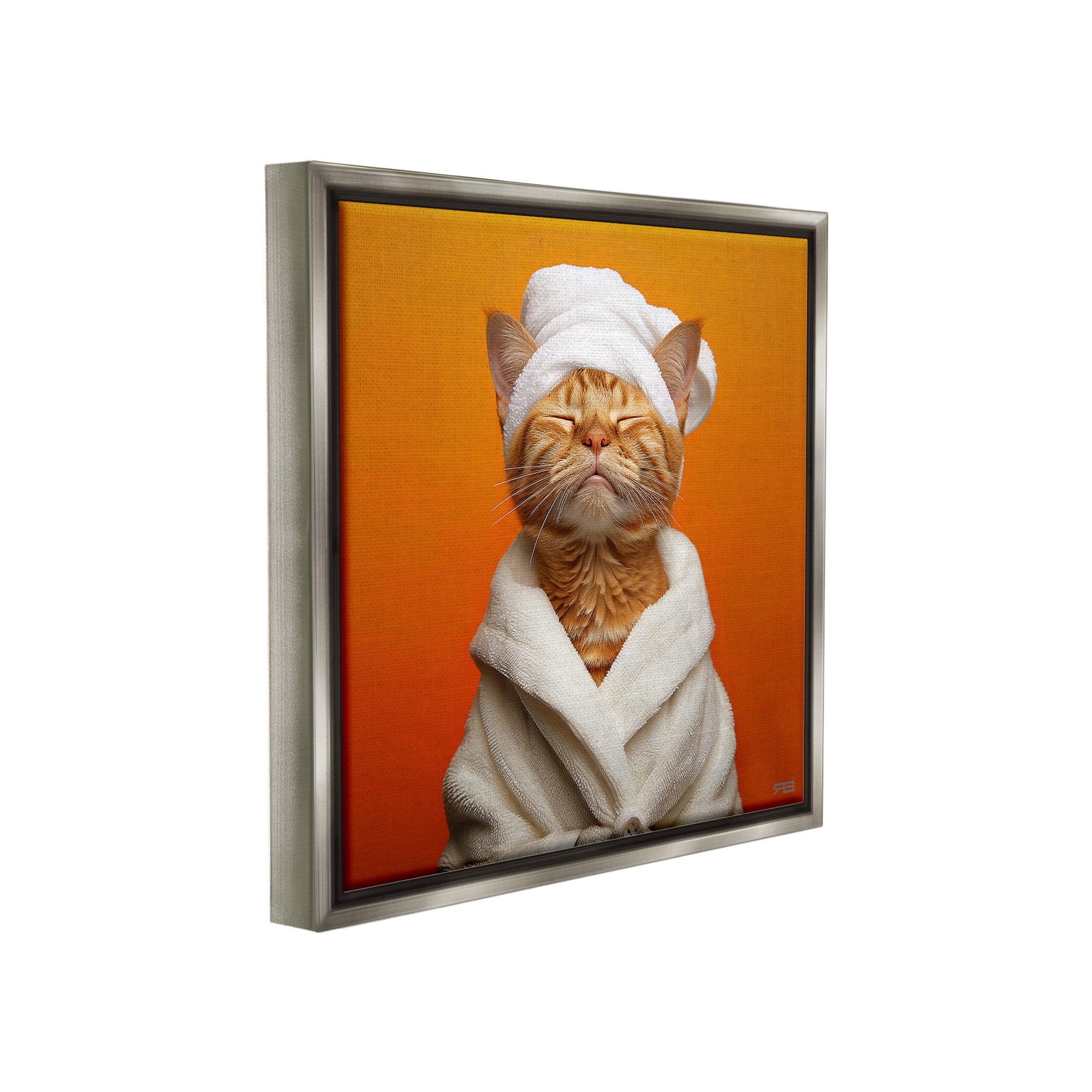 Stupell Industries Cat in Bathrobe Animals & Insects Painting Gray Floater Framed Canvas Art Print Wall Art, 18 x 18