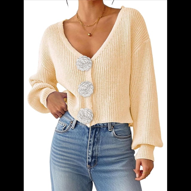 Suéter Tipo Cárdigan Corto con Flores 3D para Mujer, Elegante, Holgado, de Larga, Abierto Al Frente, Tejido y , para Otoño. Albaricoque M