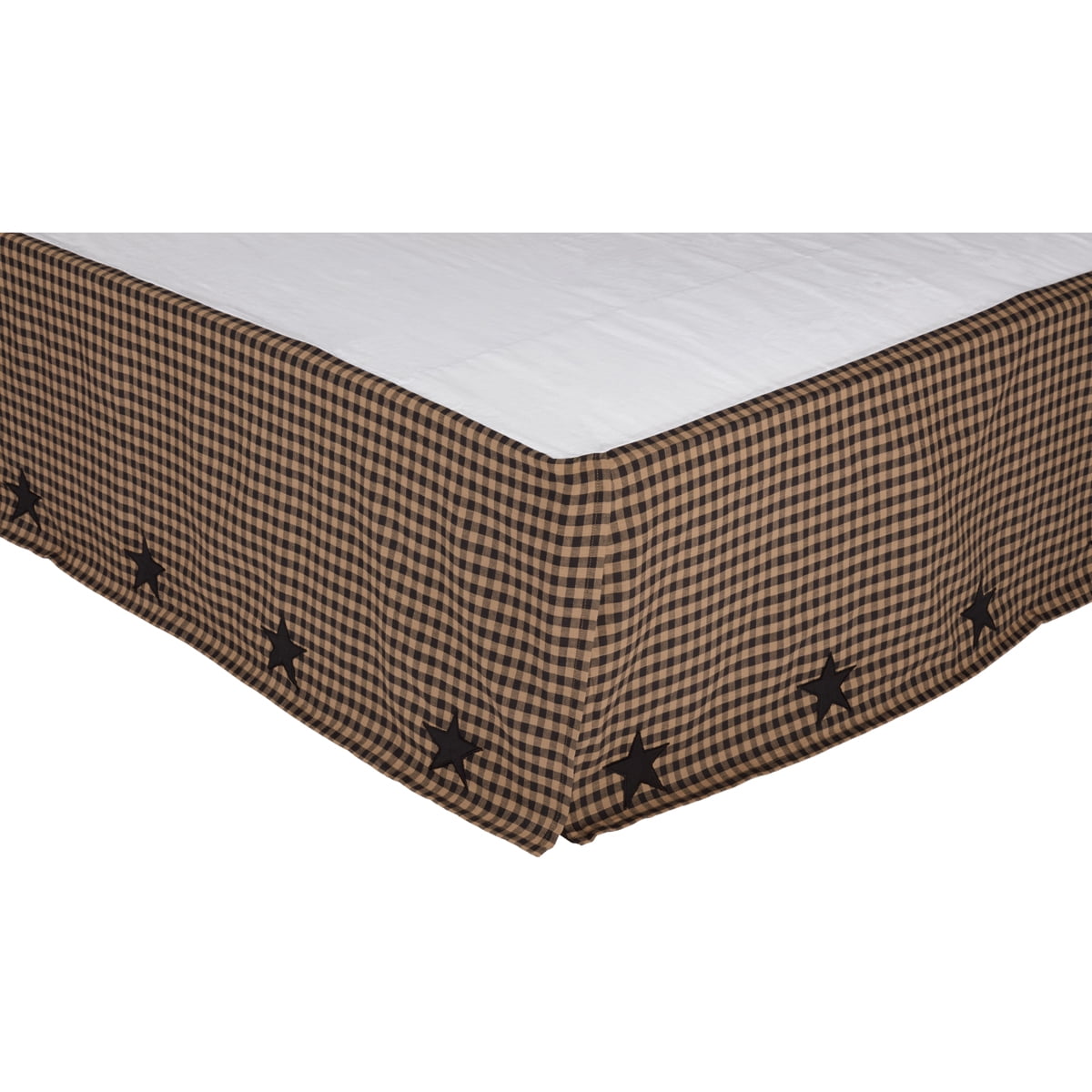 VHC Brands Check Star Cotton Primitive Split Corners Appliqued Queen Bed Skirt, Raven Black