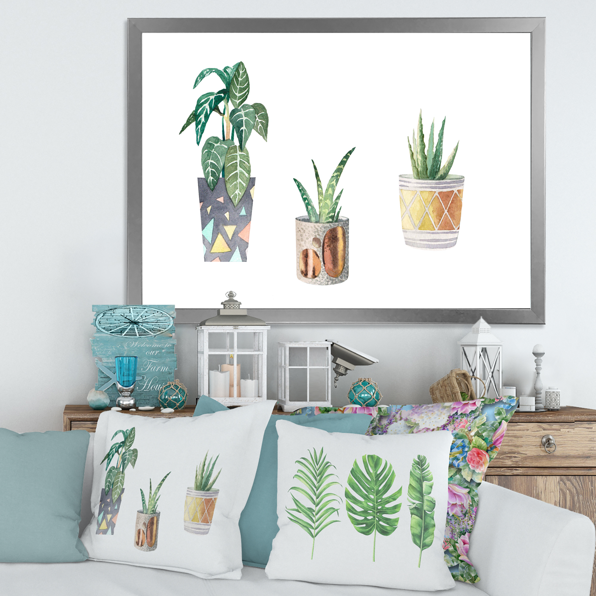 Designart 'Three Potted Houseplants On White' Traditional Framed Art Print