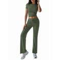thumbnail image 3 of Women'S 2 Piece Lounge Sets Short Sleeve Tops Fold-over Flare Pants Casual Outfits Matching Set Green S, 3 of 9