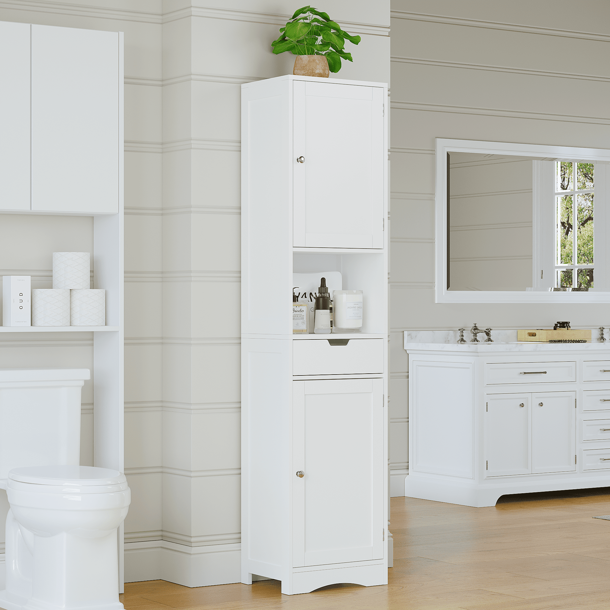 67 in Tall Bathroom Cabinet with 2 Doors and 1 Drawer, Narrow Storage Cabinet with Adjustable Shelves, White