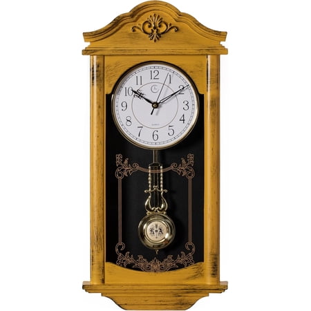 GGSW Large Vintage Grandfather Wood- Looking Plastic Pendulum Wall Clock for Living Room, Kitchen, or Dining Room, Large White (Yellow)