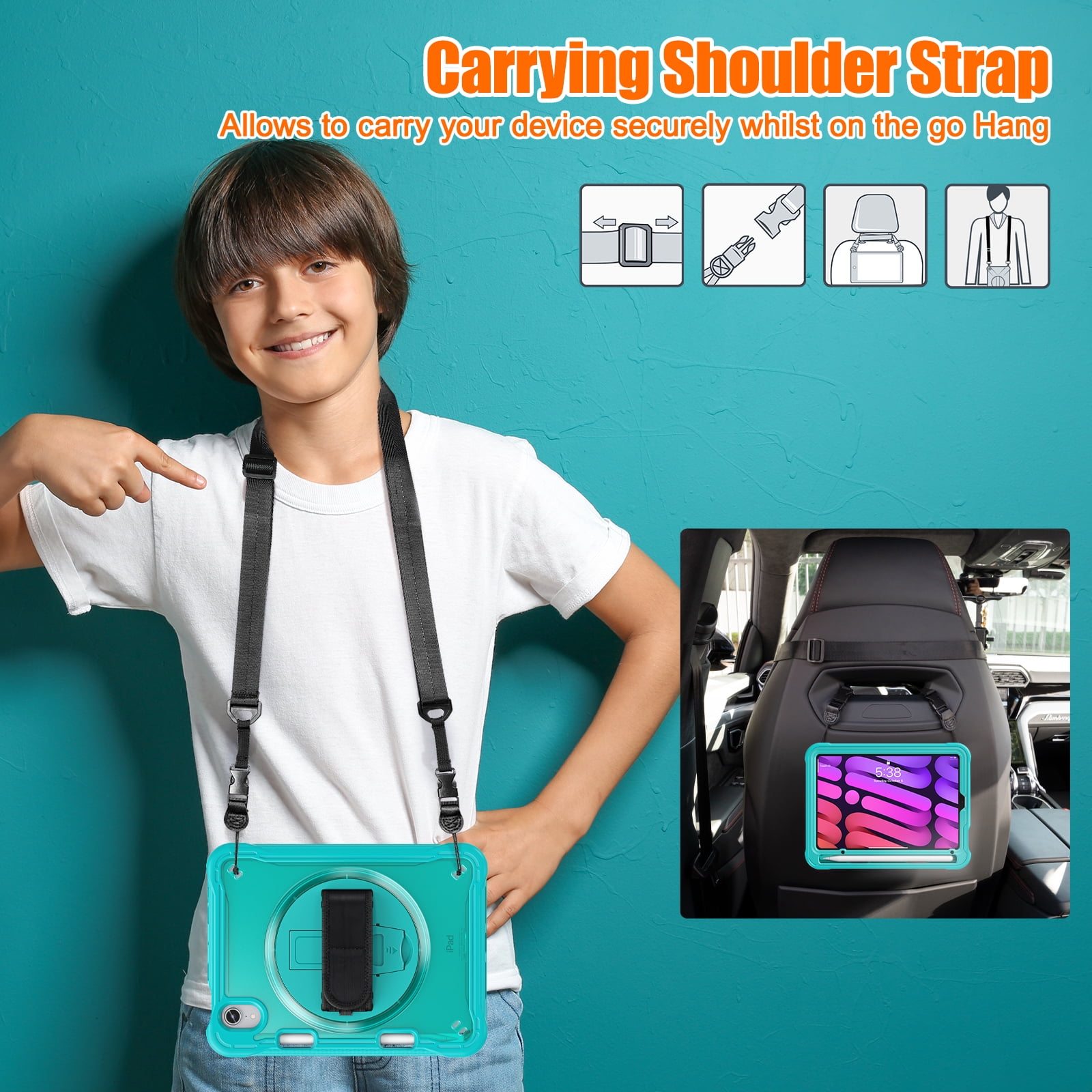 Shockproof Case for Apple iPad mini 6/7, iPad mini 6th 7th Gen Cover, 360 Rotating Stand Translucent Back Cover Shockproof Adjustable Shoulder Strap Kids Friendly with Pencil Holder, Blue