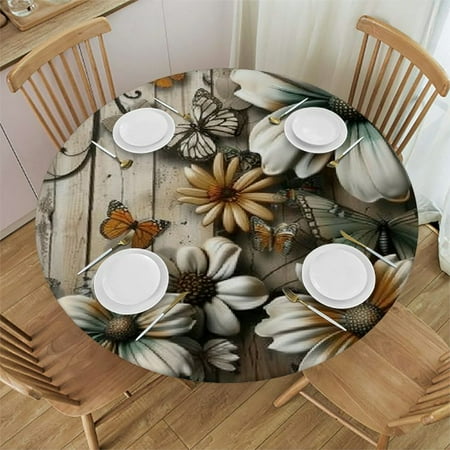 

Palnkart Flowers Butterflies Wooden Wall Round Table Cover Stain Resistant Washable Indoor Outdoor Tablecloth Kitchen Dining Wedding Parties Tablecloths 100% Polyester Fiber 38-42