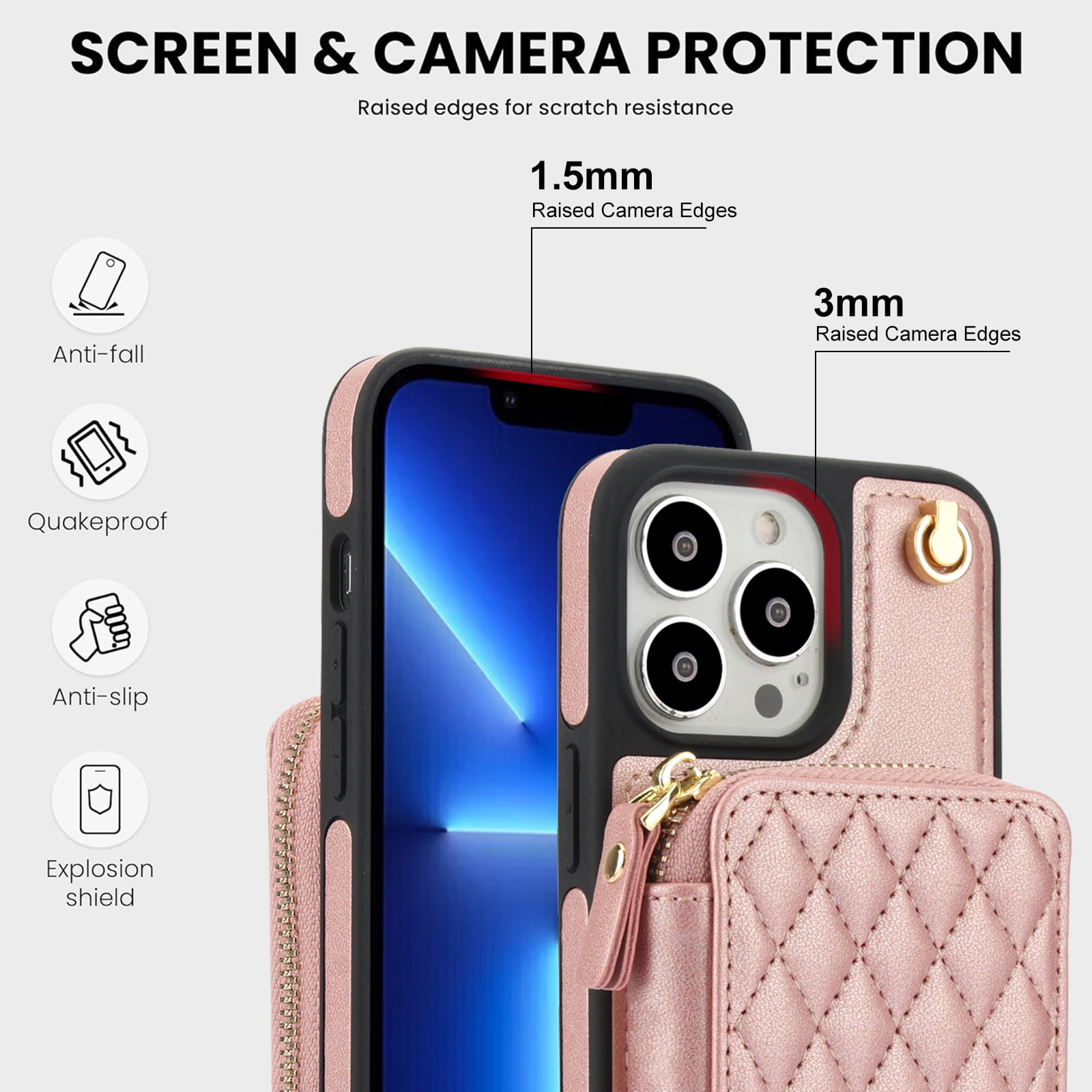 Compatible with iPhone 15 Pro Max 6.7 inch Wallet Phone Case Tempered Glass Screen Protector Wrist Crossbody Strap Stand Credit Card Holder RFID Slot Cell Cover for iP15ProMax Women Girls Rose Gold