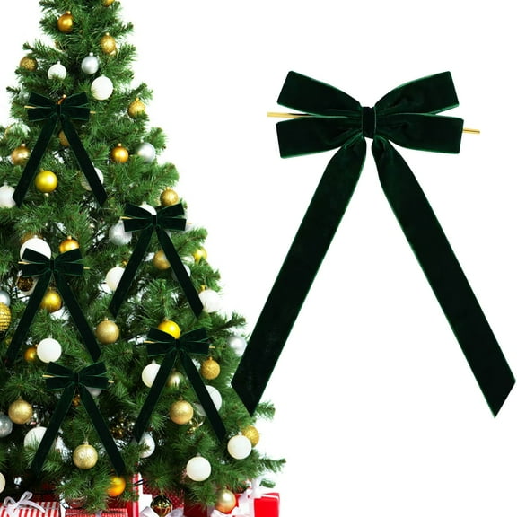 1Pcs Green Velvet Ribbon Bows for Christmas Tree - 1 inch Width Vintage Style Bows with Gold Twist Ties for Garland Wreath Ornaments (5"x7")