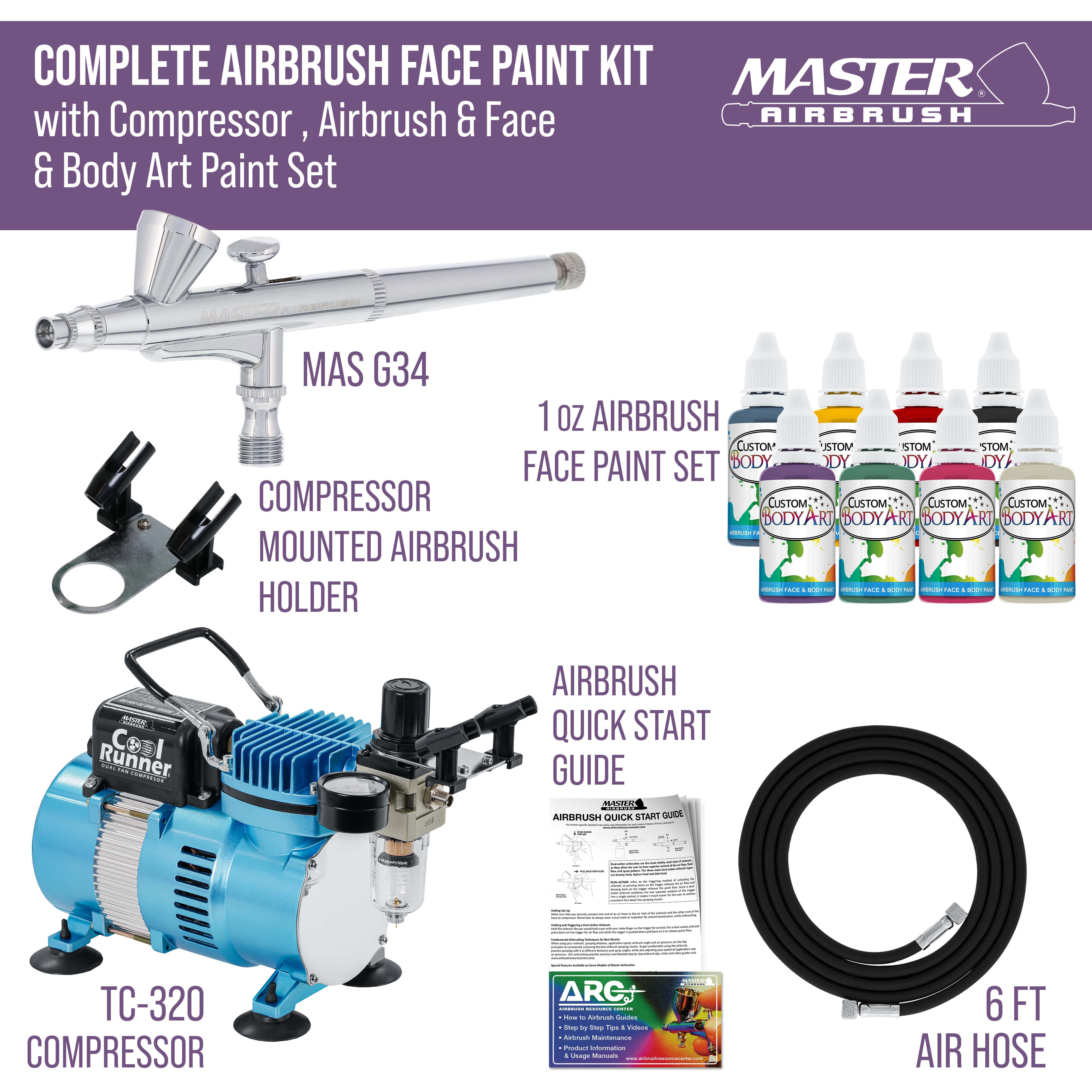 Master Airbrush Airbrushing System Kit with 8 Color Water-Based Face & Body Art Paint Set, Cool Runner II Dual Fan Air Compressor, Pro Gravity Airbrush, Hose - Washable Temporary Tattoo, How to Guide