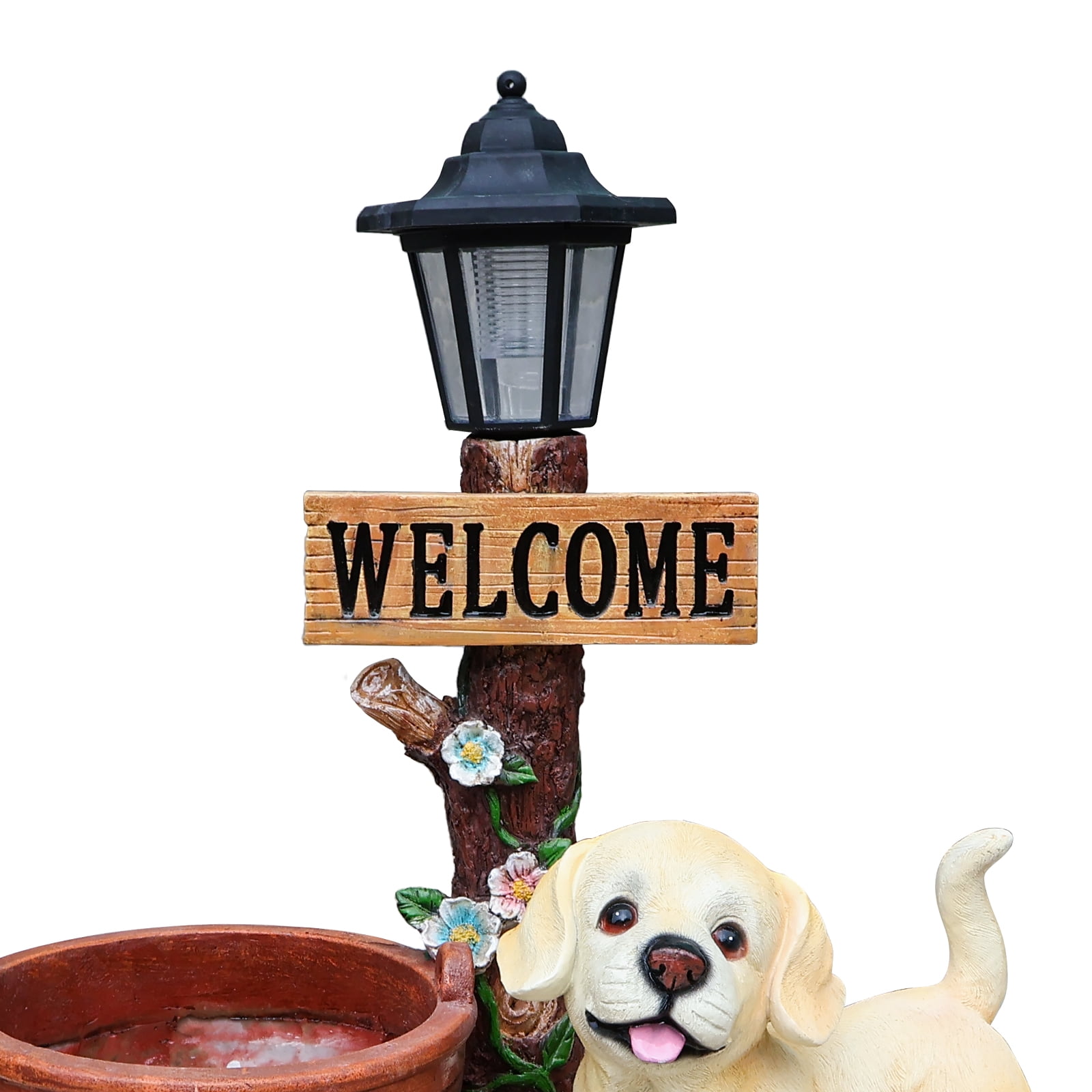 18.9'' Solar Labrador Puppy Solar Planter Garden Statue with LED Light,Outdoor Decorative Animal Figurines,8-10 Hour Working Time,Floral Basket Design,Lawn Yard Decor,Brown