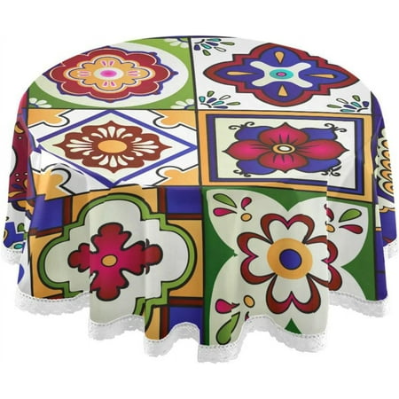 SKYSONIC Mexican Talavera Round Tablecloth,Washable Oil Proof Table Cover for Kitchen Holiday Party Wedding Picnic Decoration