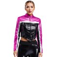 thumbnail image 5 of Chaquetas brillantes para mujer, ropa de abrigo con contraste metálico, disfraz de Cosplay de carreras para conducir, abrigo corto con cremallera frontal y cuello levantado de manga larga, 5 of 5
