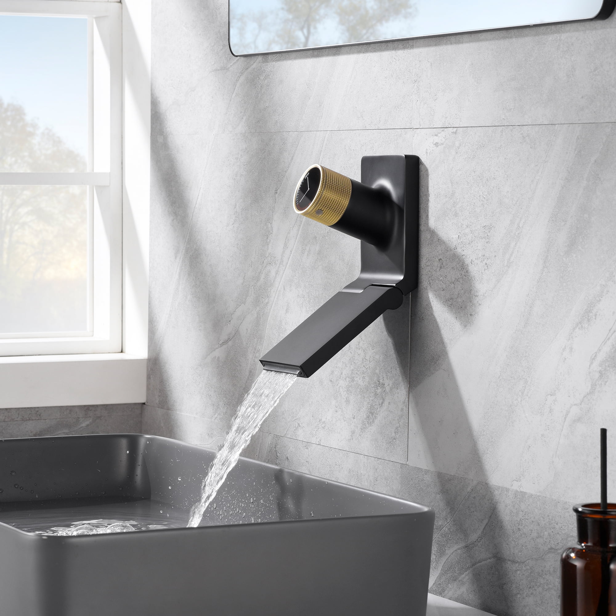 SUMERAIN Wall Mount Waterfall Bathroom Sink Faucet, Single Handle One Hole Vanity Faucet with Foldable Spout, Black and Gold