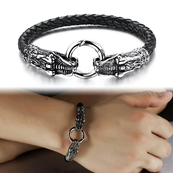 HOOUN Genuine Leather Bracelet Stainless Steel dragon Biker Clasp Women Men Jewelry