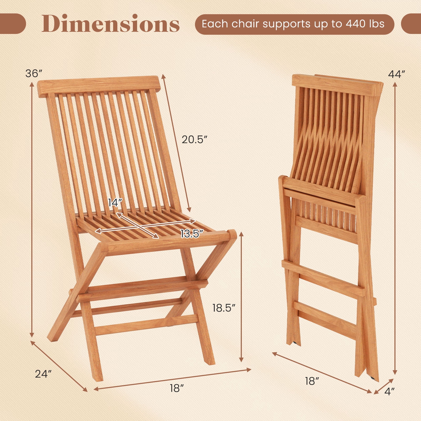 Gymax Teak Wood Patio Chairs Set of 4 Outdoor Folding Chairs w/ High Back for Dining