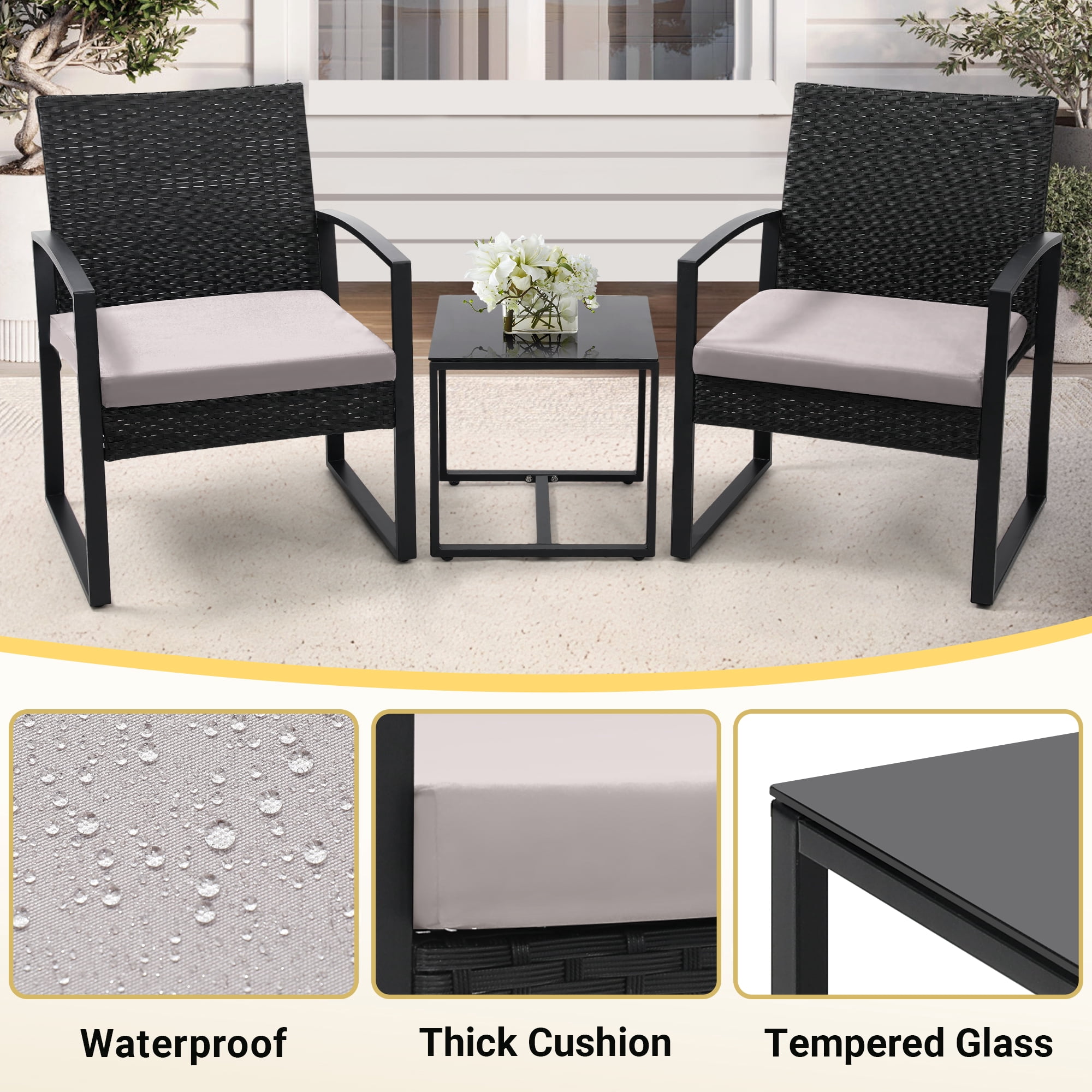 TUAREX 3-Piece Rattan Patio Furniture Set, All-Weather Wicker Bistro Set with Coffee Table and Cushioned Chairs for Garden, Yard, Balcony, Grey