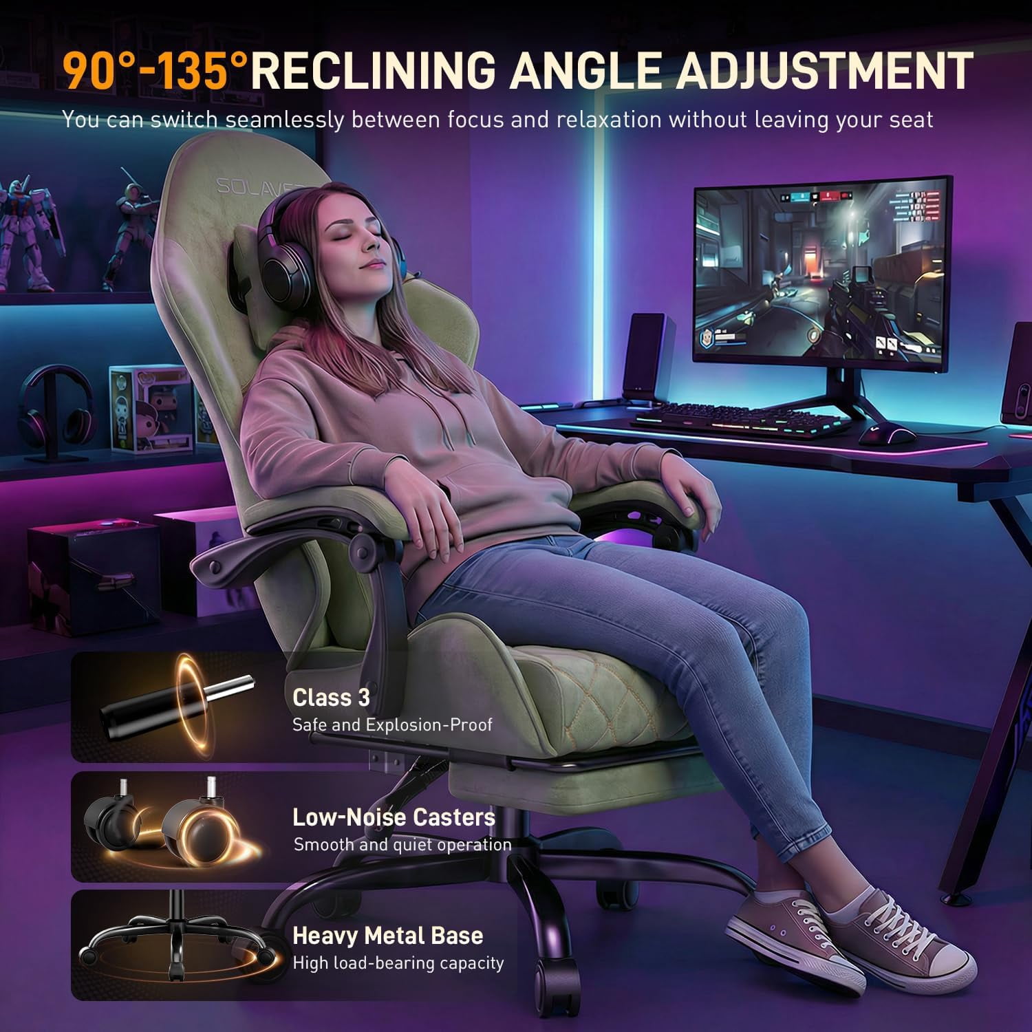 HLDIRECT Gaming Chair, Ergonomic Fabric Gamer Chair, Video Game Chair with Footrest and Massage Lumbar Cushion, Computer Office Chair