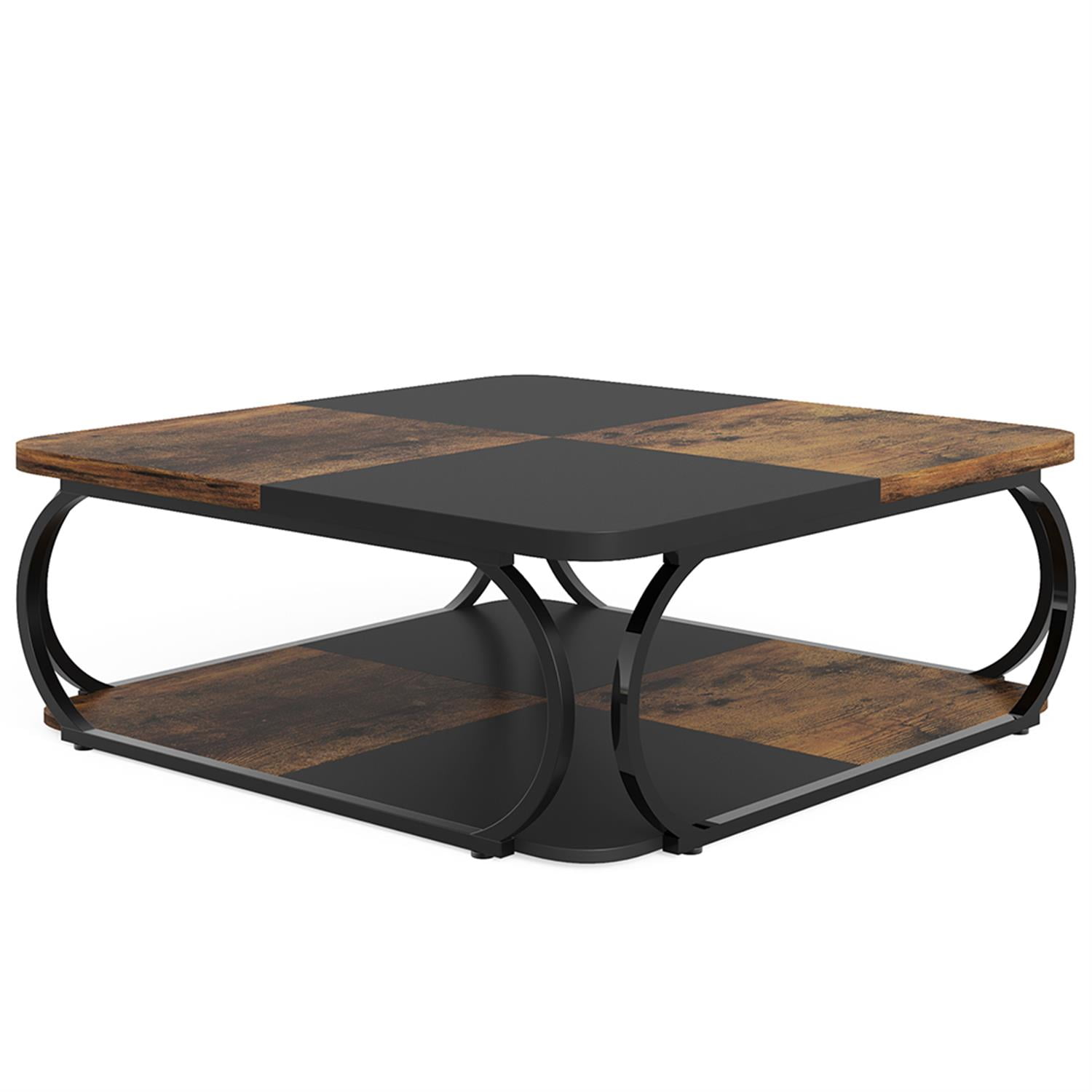 Demi Bonn Square Coffee Table, 39" Central Cocktail Table with 2-Tier Shelves for Living Room, Brown