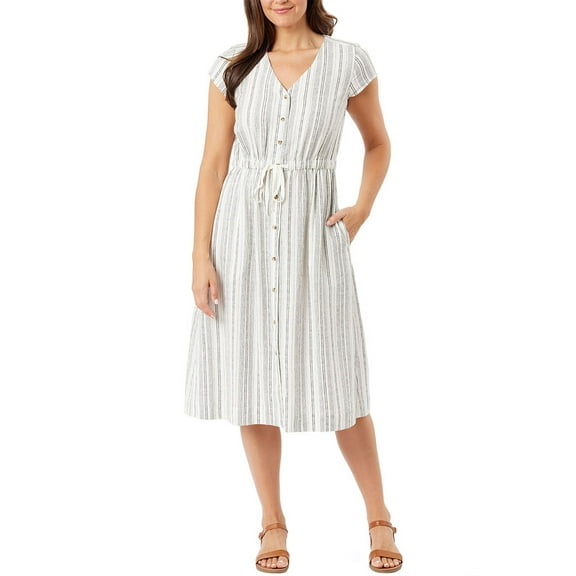 Briggs Ladies' Button Front Linen Blend Dress, Cream Stripe Medium