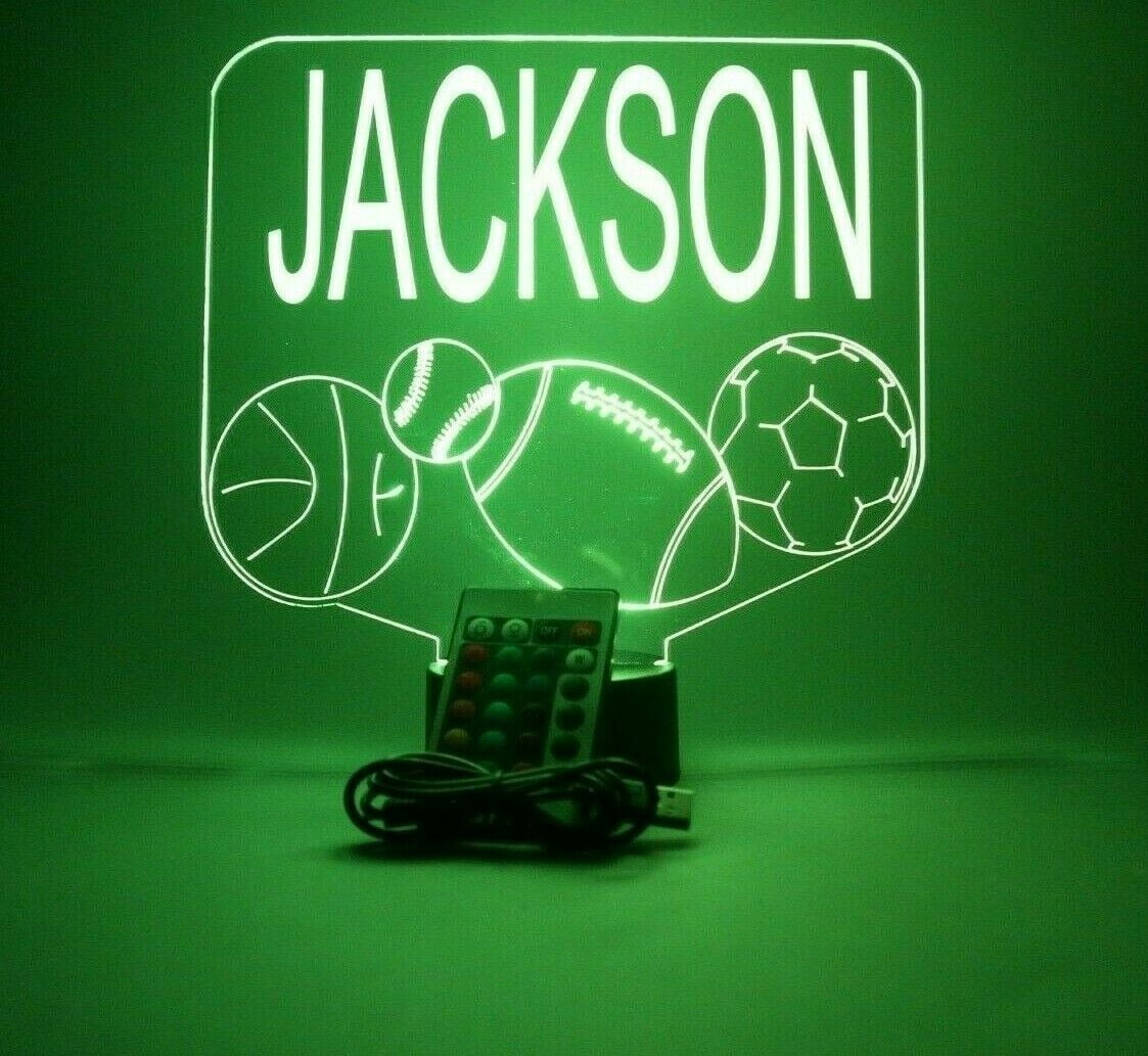 Sports Array Soccer Ball Baseball Football Basketball with Custom Name Night Light Up Lamp LED Free Engraved Custom Name Personalized Athletic Table Lamp with Remote, 16 Colors, It's Wow, Great Gift