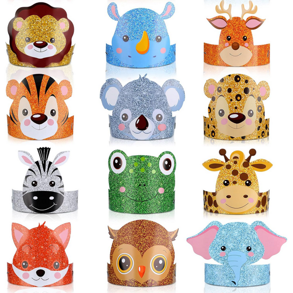 24pcs Jungle Safari Hats, Wild Birthday Paper Crowns, Animal Party Headbands, Jungle Photo Booth Props Favor Supplies Decorations
