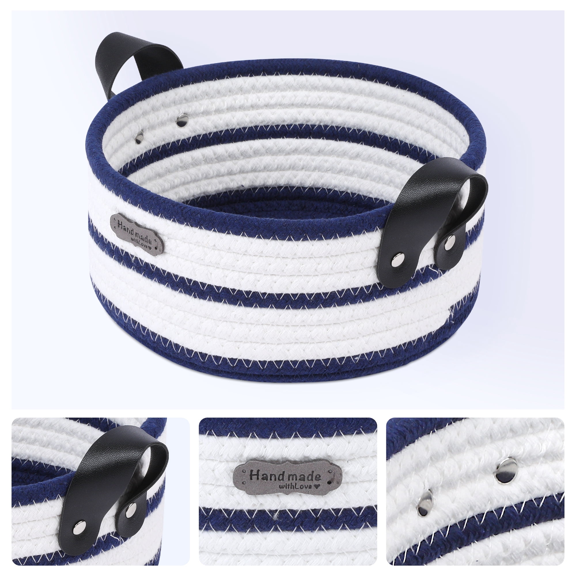 Unique Bargains Woven Storage Basket with Leather Handles Dark Blue 7.9*3.9in