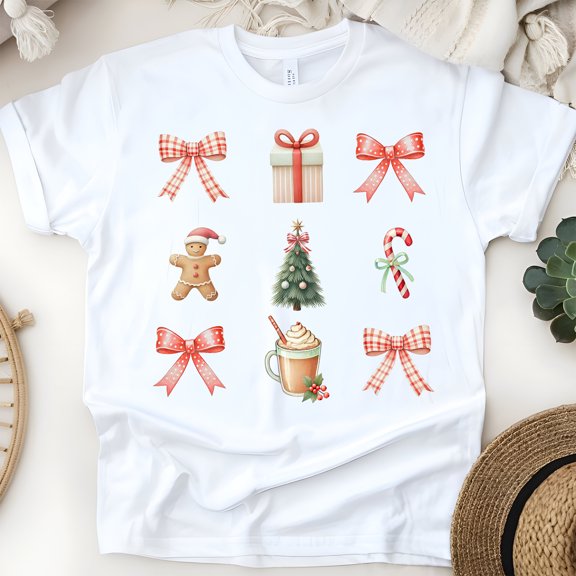 Christmas Icons Shirt | Holiday Gingerbread Tree Bow Graphic Tee, White, Size S