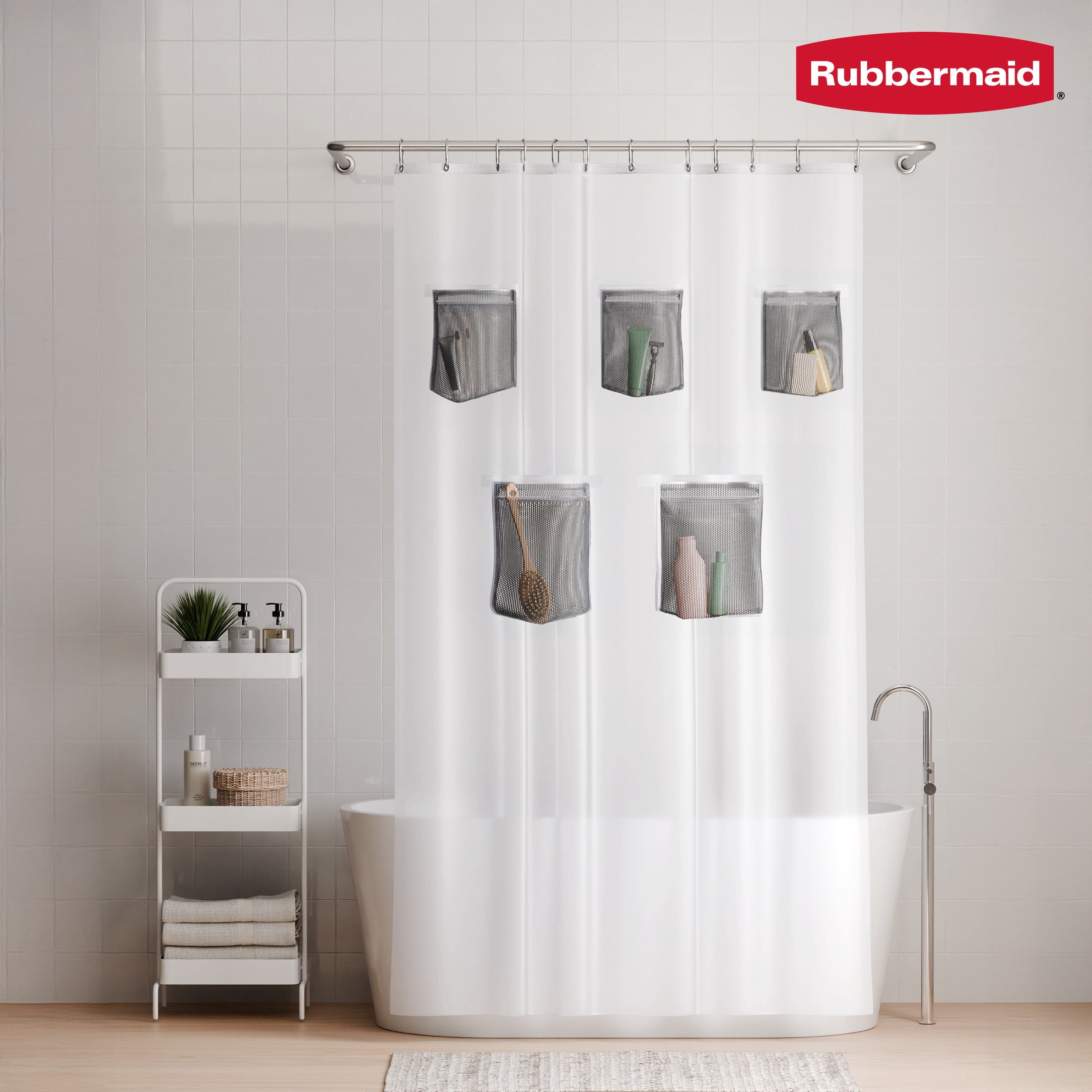 Rubbermaid Frosty Heavyweight PEVA Shower Curtain Liner with Storage Pockets, Waterproof, BPA-Free, 70" x 72"