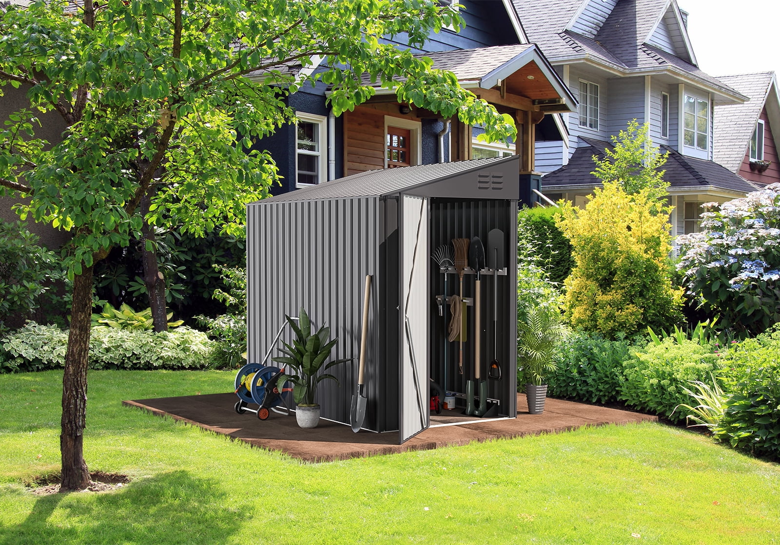 YODOLLA 4.2' x 7' Outdoor Metal Storage Side Shed with Lockable Door Metal Attached Lean-To Shed for Backyard in Gray