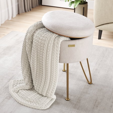 Hearth & Harbor Round Ottoman with Storage, Luxurious Foot Stool and Chic Vanity Stool with Storage, Elegant Textured Velvet Cream