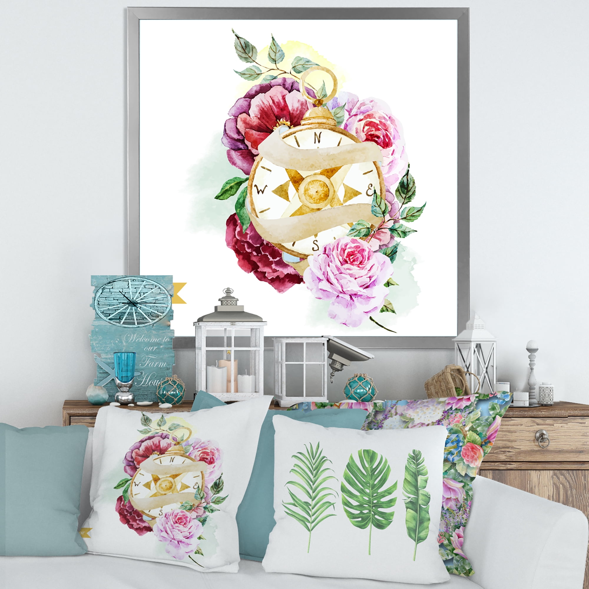Designart 'Compass Among Flowers' Traditional Framed Art Print