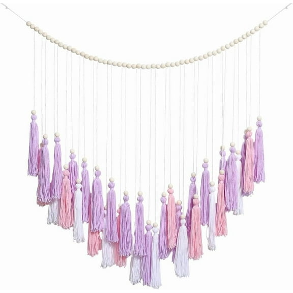 118cm Large Purple Tassel Garland Photo Display Wall Decor Boho Pink White Macrame Wall Hanging with Natural Cotton and Wood Beads