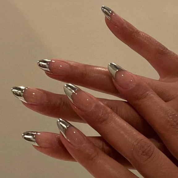 Yoyauz Coffin Pressed Nails Long Fake French Nails Full Coverage Acrylic Fake Nails For Ladies and Girls 24PCS（Long silver edge）