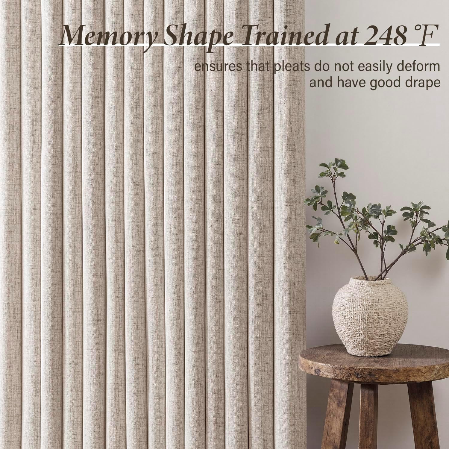 Pinch Pleated Thick Linen Curtains 96 Inch 4 Panels Set Back Tab Memory Trained Pinch Pleat Semi Sheer Light Filtering Privacy Curtain Let Light in Window Drapes for Living Room Bedroom Natural