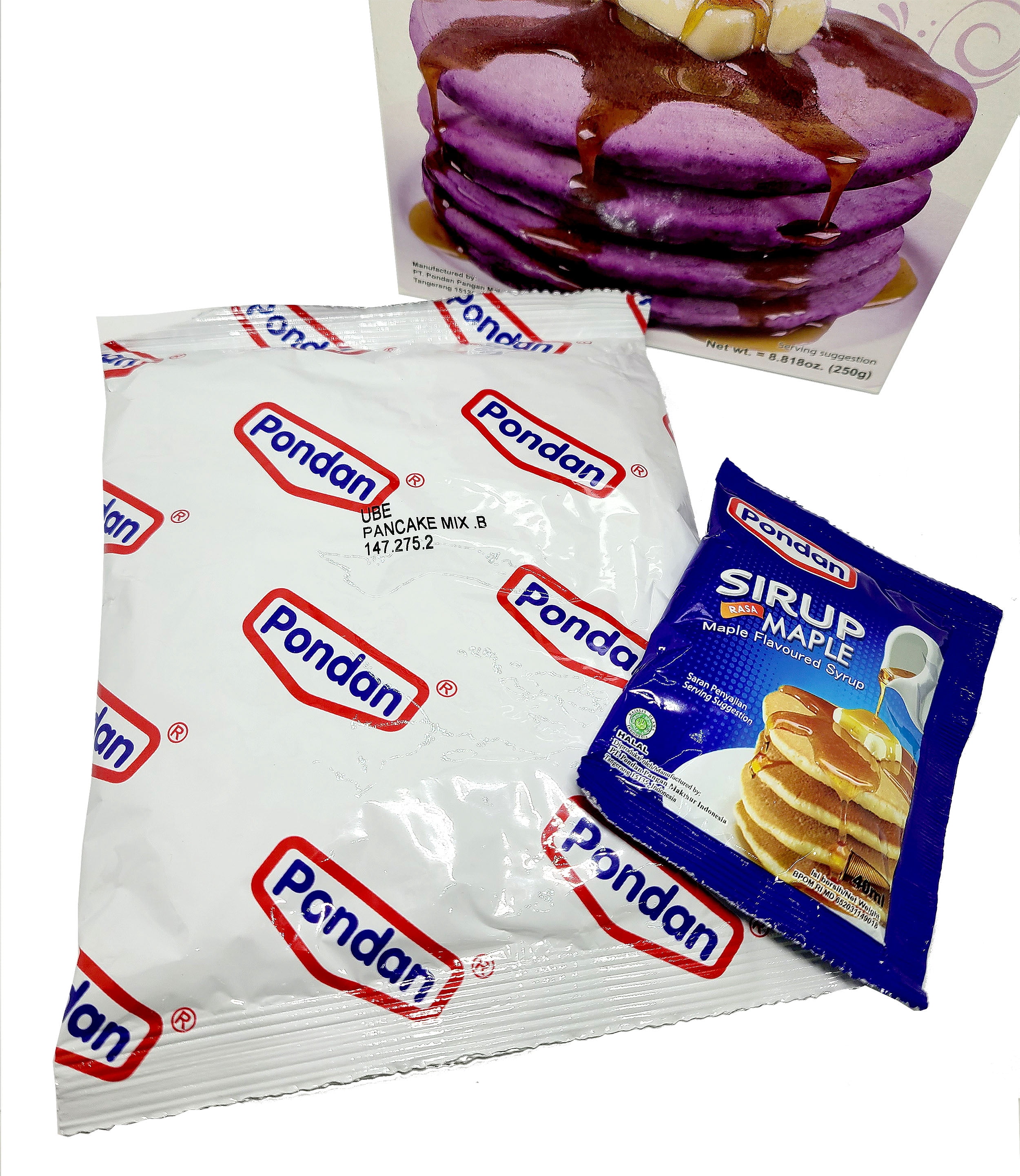 Pondan Ube Pancake Mix & Maple Flavored Syrup Set 8.818 Oz. (250 g) X 2 with Mini Stainless Steel Wire Whisk (3-Pc Set)