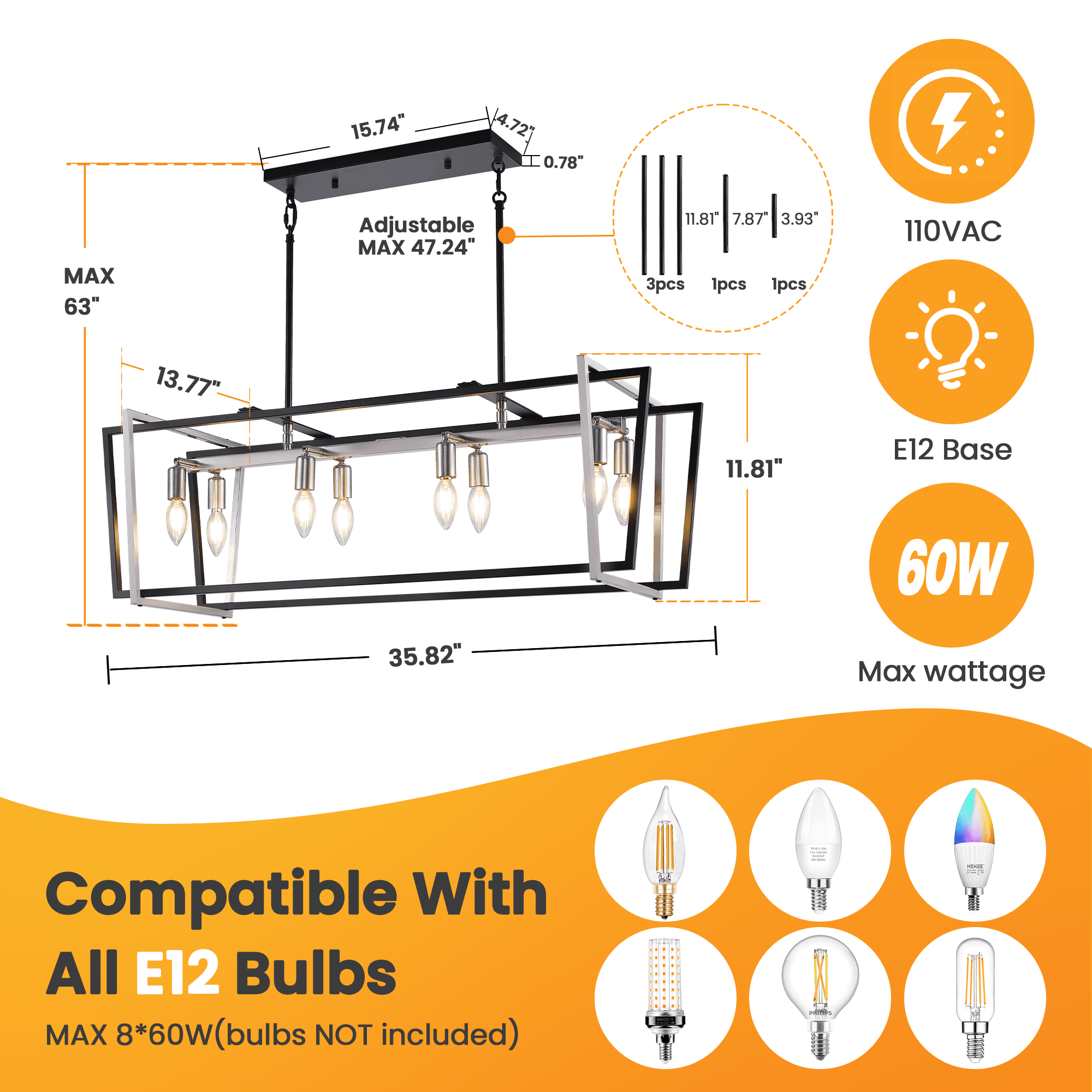bokifol 8-Light Dining Room Light Fixture,36" Modern Rectangle Kitchen Island Lighting,Farmhouse Chandeliers for Dining Room