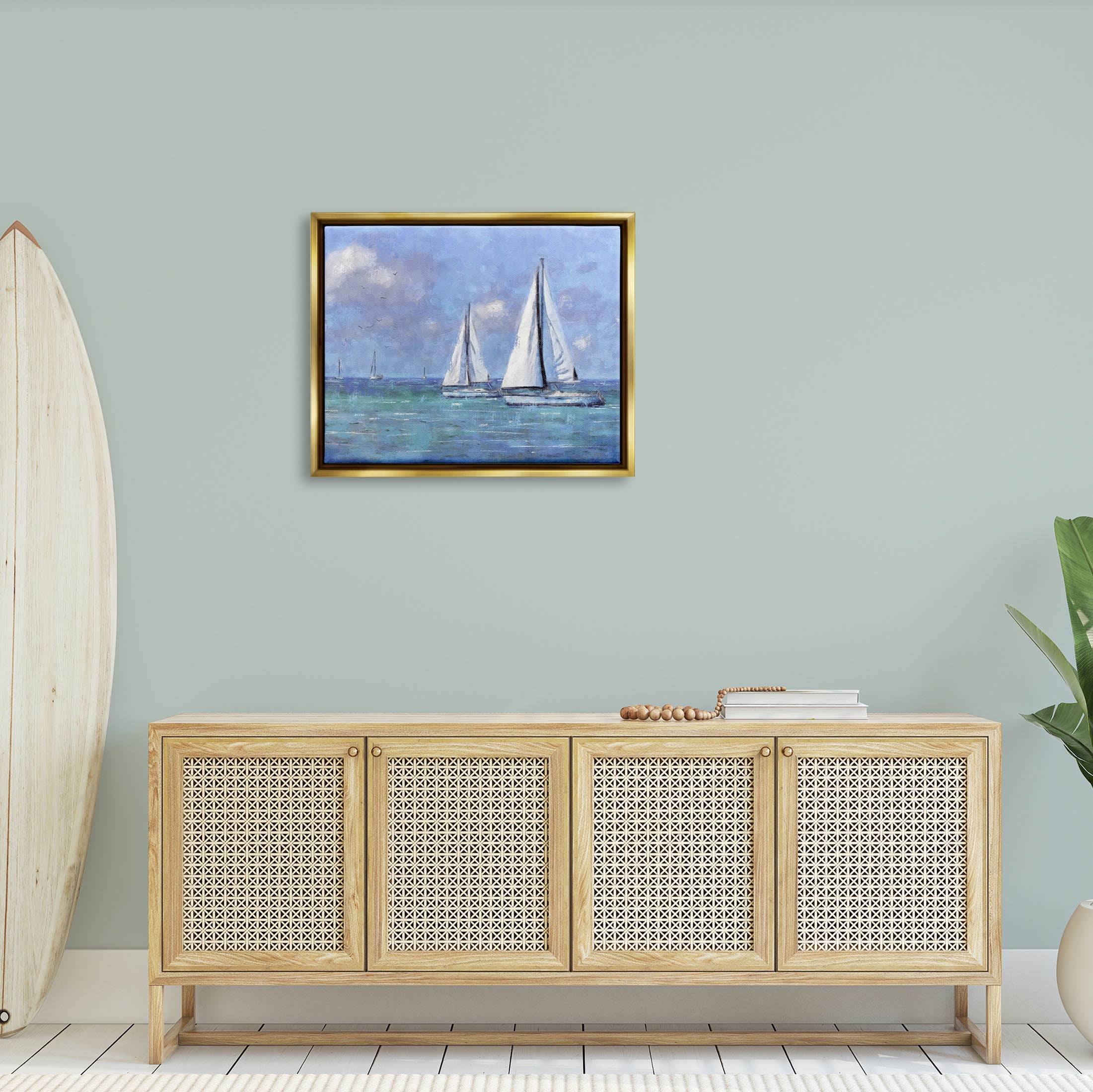 Stupell Industries Sailboats Drifting Vivid Blue Sky Painting Metallic Gold Floating Framed Canvas Print Wall Art, Design by Nina Blue