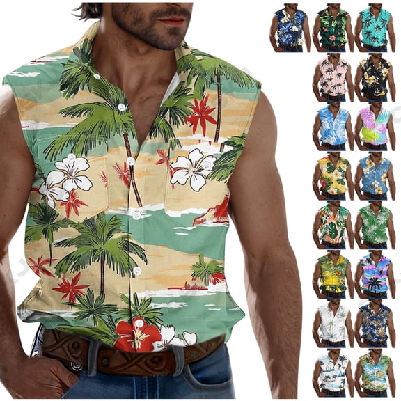 WAENQINLA Flower Tank Tops Men Casual Summer Beach Muscle T-Shirt Classic Fit Sleeveless Shirts Lapel Collared Button Down T-Shirts Sky Blue S