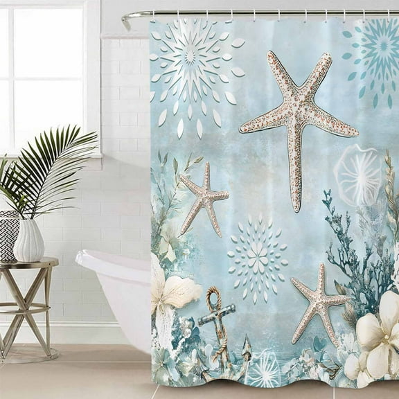 Turquoise Ocean Coastal Bathroom Curtain 72 Inch Shower Curtain with Hooks, Summer Beach Nautical Coral Starfish Waterproof Polyester Bath Curtain Washable Bathtub Curtain 66''x 72''