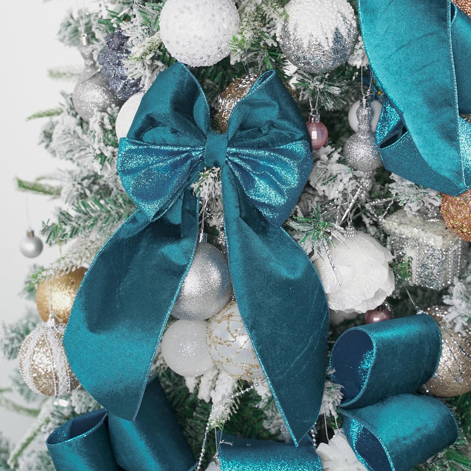 Turquoise Velvet Wired Ribbon 4 inch Christmas Tree Ribbon Double-Sided Glitter Turquoise Blue for Trees, Wreaths, Bows, Garland, Crafts-10 Yards