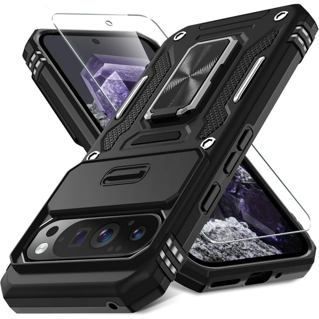 KOMI Case for Google Pixel 9 Pro XL with Slide Camera Cover+Screen Protector(1 Pack), Rotated Ring Kickstand Military Grade Shockproof Protective Cover-Black
