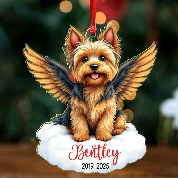 Personalized Name Yorkie Memorial Ornament, Dog Angel Wings Custom Acrylic Ornaments, Yorkshire Terrier Dogs Angel Christmas Flat 2D Ornament, Yorkshire Terrier Remembrance Gift for Dog Passed Away