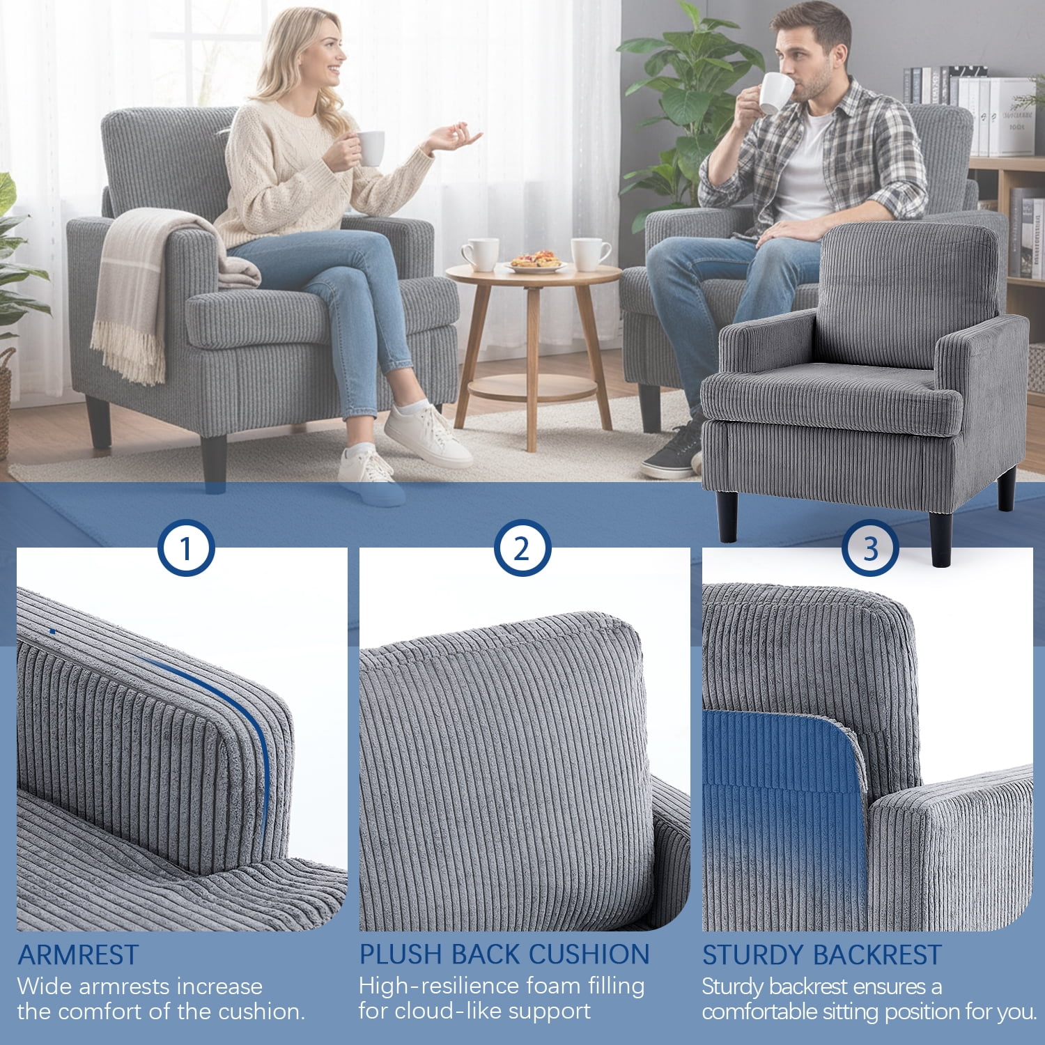 Modern Accent Chair Cozy Living Room Chairs Mid Century Modern Accent Chairs Reading Chair with Armrests for Living Room, Bedroom and Study（Grey）