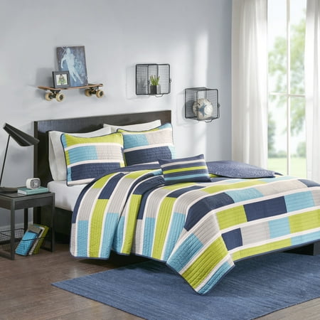 James Colorblock Coverlet Set - Blue/Lime Green