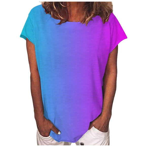 Womens Gradient Tops Summer Short Sleeve Round Neck Shirts Loose Fitted Casual Lightweight Soft Tees
