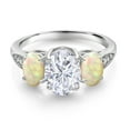 thumbnail image 2 of Gem Stone King 10K White Gold White Moissanite White Ethiopian Opal and White Lab Grown Diamond 3 Stone Engagement Ring for Women (2.18 Cttw, Gemstone Birthstone, Available in Size 5, 6, 7, 8, 9), 2 of 5