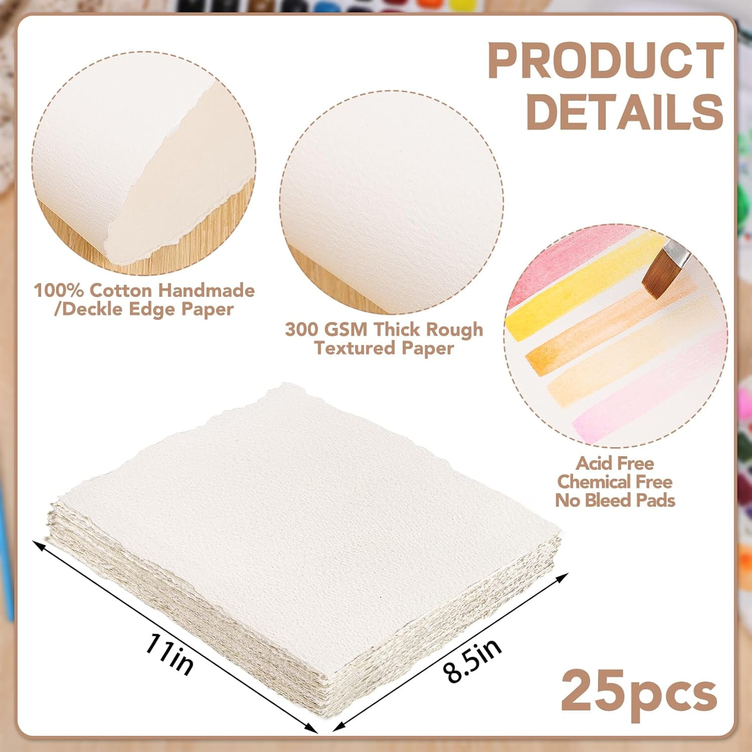25 Sheets Watercolor Paper, 300 GSM Deckled Edge Paper 4 x 6 inch Rough/Textured Handmade Paper Cotton Paper White Textured Papers for Watercolors, Wedding Invitations, Cards, Crafts