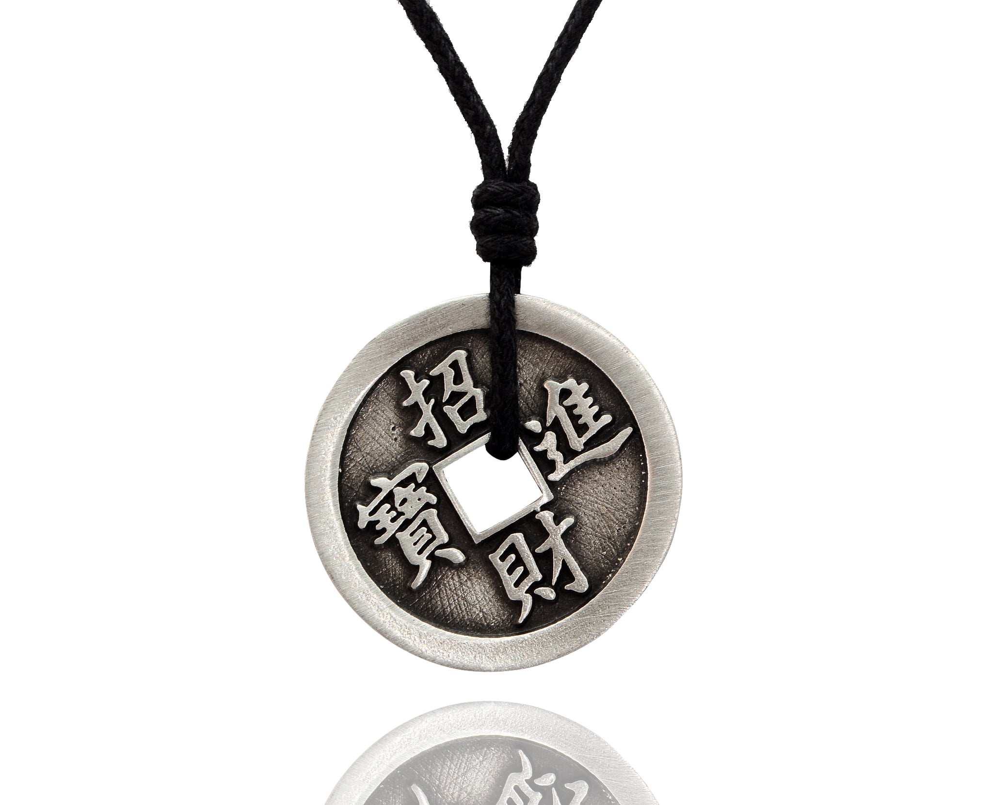 PEACE NECKLACE Chinese FENG SHUI Pewter Pendant on Adjustable Black Cord NEW