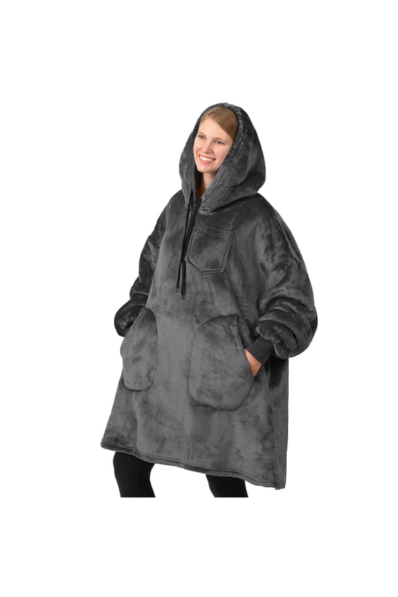 Blanket Hoodie for Women Grey, Sherpa Wearable Blanket Men, Cozy Oversized Sweatshirt Blanket, Warm Fleece Hooded Blanket Sweater with Sleeves and Two Big Pocket, Gray